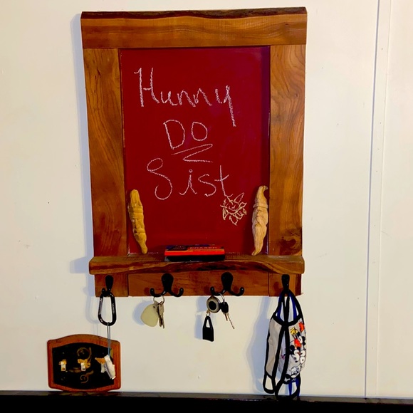 Hand crafted, cherry wood chalkboard with hooks and shelf for extra storage